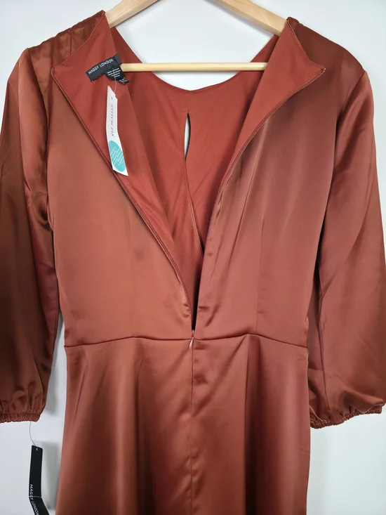 Maggy London Rust Satin Wrap Dress Size 10 Elegant Tie Waist Midi Long Sleeve - Picture 4 of 10